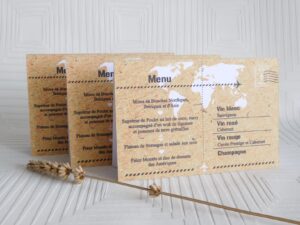 Menu mariage format carte postale, thème voyage personnalisable