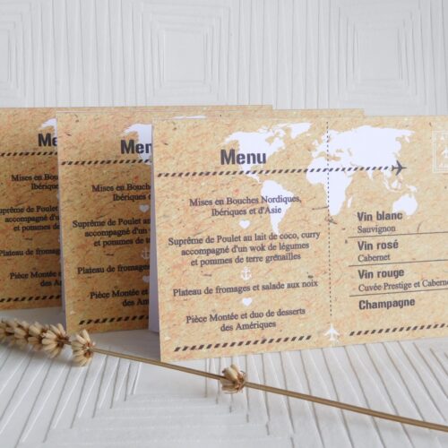 Menu mariage format carte postale, thème voyage personnalisable