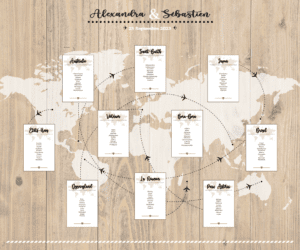 Plan de table Mariage thème voyage fond bois personnalisé