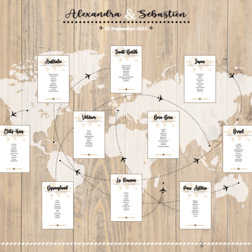 Plan de table Mariage thème voyage fond bois personnalisé