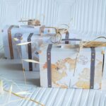 Boite dragée forme valise, mariage thème voyage