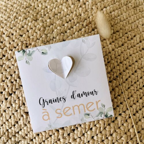 Pochette graines mariage eucalyptus et beige, texte Graines d'amour à semer